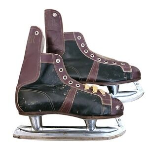 Vintage Bauer Ice Hockey Skates Black Burgundy‎ Leather Jet Hockey Blades Mens 9